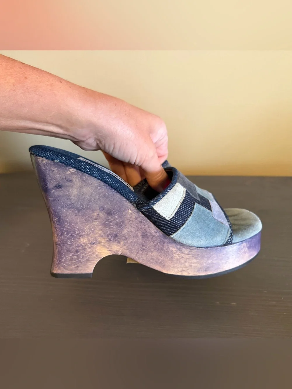 Steve Madden Vintage Y2K Denim Patchwork Wooden Platform Heels